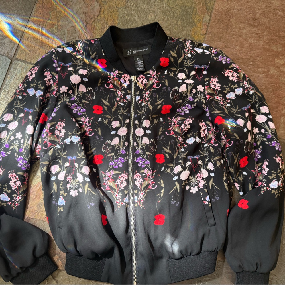 INC International Concepts Black Floral Bomber Jacket petite small polyester zip